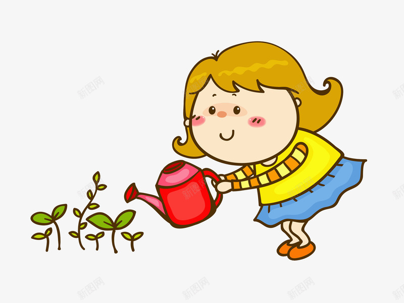 浇水的女孩png免抠素材_新图网 https://ixintu.com 卡通 可爱 女孩 守护 小草 弯腰 手绘 洒水壶 黄色