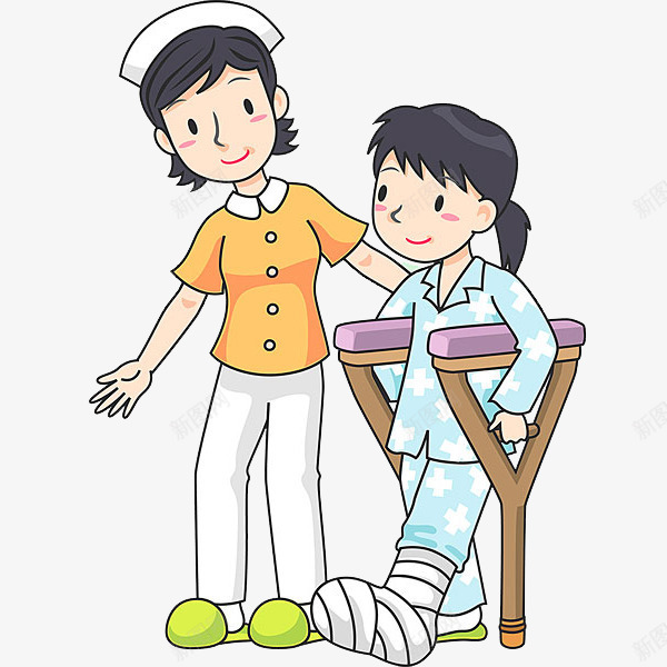 受伤的女孩png免抠素材_新图网 https://ixintu.com 卡通 受伤的 可爱的 小女孩 护士 拐棍 漂亮护士 简笔