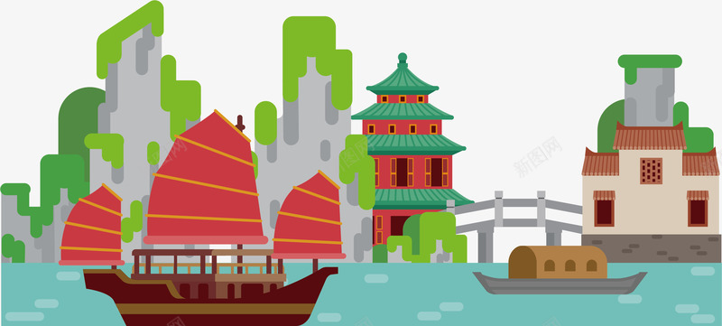 帆船png免抠素材_新图网 https://ixintu.com 宝塔 小船 帆布 帆船 手绘 河流 青山 青苔