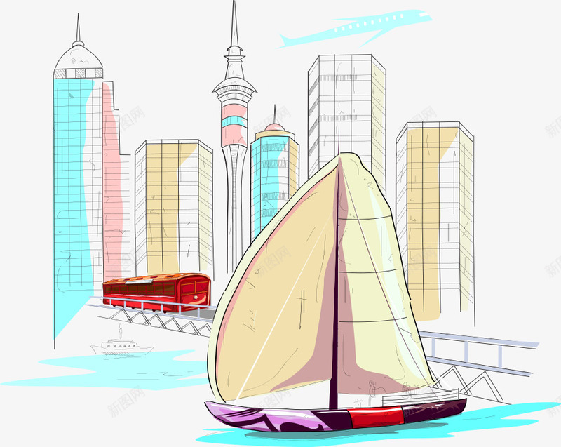 帆船与高楼png免抠素材_新图网 https://ixintu.com 帆船 桥梁 汽车 红色巴士 高楼