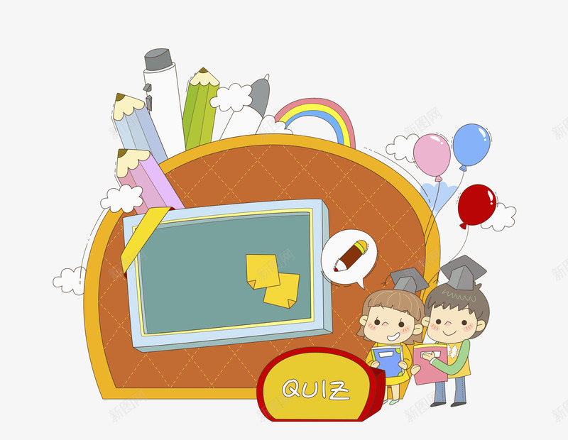 学习时光png免抠素材_新图网 https://ixintu.com 书写 便签 博士帽 卡通 女孩 彩虹 手绘 气球 男孩 笔 笔记本