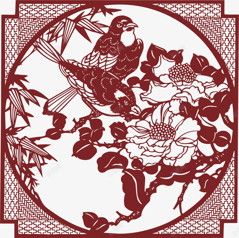 中式窗户png免抠素材_新图网 https://ixintu.com 剪纸 小鸟 植物 红色剪纸花 红色剪纸花卉 红色剪纸花环 红色剪纸花边