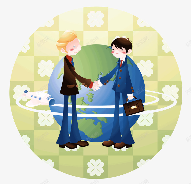 卡通插画png免抠素材_新图网 https://ixintu.com 人 卡通插画 合作 地球 提着包 握手 环球 矢量素材