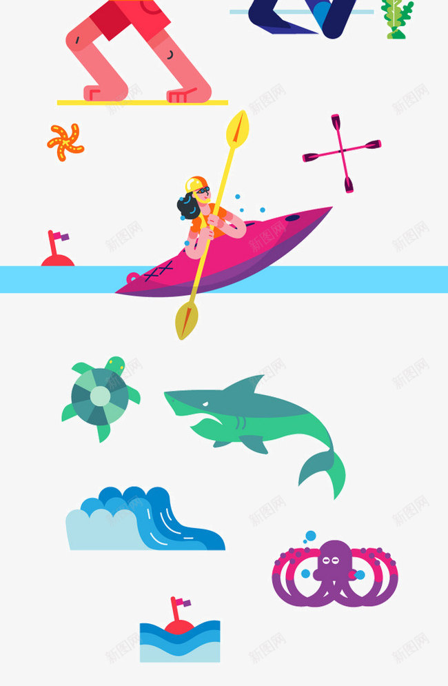 海滩运动png免抠素材_新图网 https://ixintu.com 冲浪 卡通 平扁图形 晕倒 沙盘 游泳 滑翔