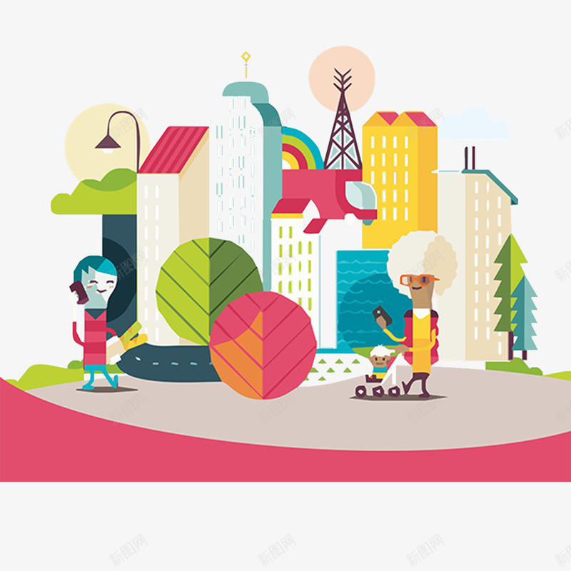 卡通城市高楼png免抠素材_新图网 https://ixintu.com 卡通 城市 大树 高楼