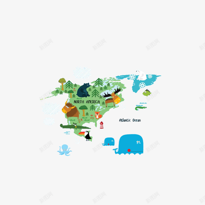 美洲地图与卡通动物png免抠素材_新图网 https://ixintu.com 卡通牛 巨嘴鸟 鳄鱼 麋鹿