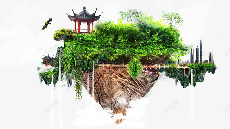 高山流水psd免抠素材_新图网 https://ixintu.com 亭子 山峰 悬空的山 树木 植物 漂浮的山 环保素材 绿色 高山流水