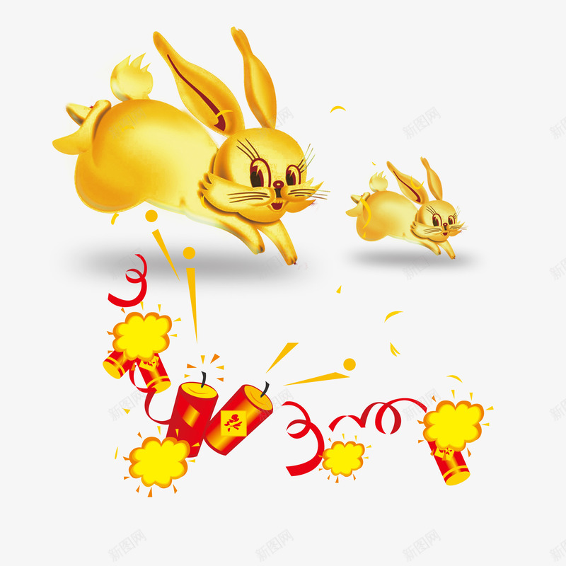 兔子和爆竹psd免抠素材_新图网 https://ixintu.com 兔子 金色 鞭炮