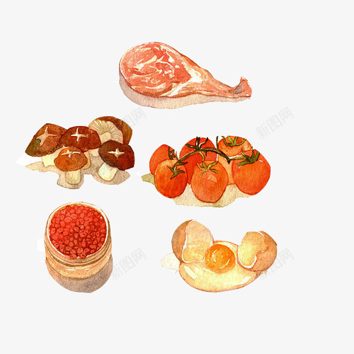 厨房食品水彩画片psd免抠素材_新图网 https://ixintu.com 水彩画 番茄 红豆 蘑菇 食品 鸡腿 鸡蛋