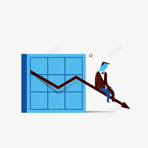 蓝色卡通版业绩下滑png免抠素材_新图网 https://ixintu.com 动漫动画 卡通手绘 商务 数据 男人 箭头 蓝色 装饰图