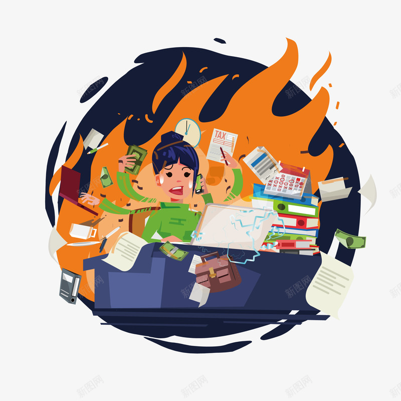手忙脚乱工作的女士矢量图eps免抠素材_新图网 https://ixintu.com 冒火 女士 电脑 电脑png 电脑矢量图 矢量图