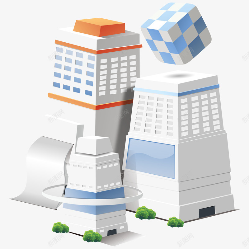 卡通3D立体城市房png免抠素材_新图网 https://ixintu.com 创意 卡通 城市 标志性建筑 植物 立体建筑 绿植