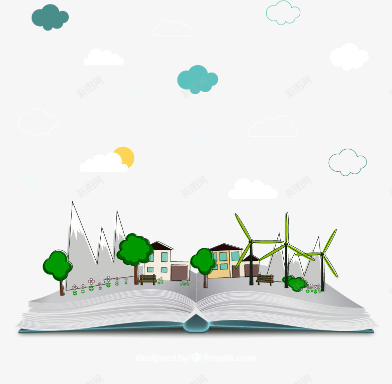 书本中的绿色城市插画png免抠素材_新图网 https://ixintu.com 书本 城市 山 建筑 房屋 树木 生态环保 绿色 能源