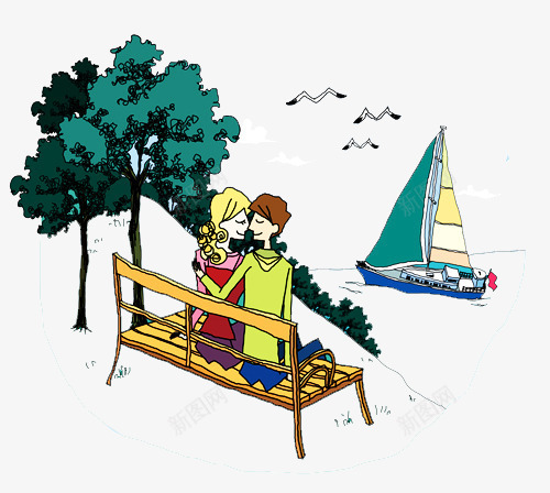 手绘男女朋友插画png免抠素材_新图网 https://ixintu.com 卡通 大船 插画 树木 椅子 风景