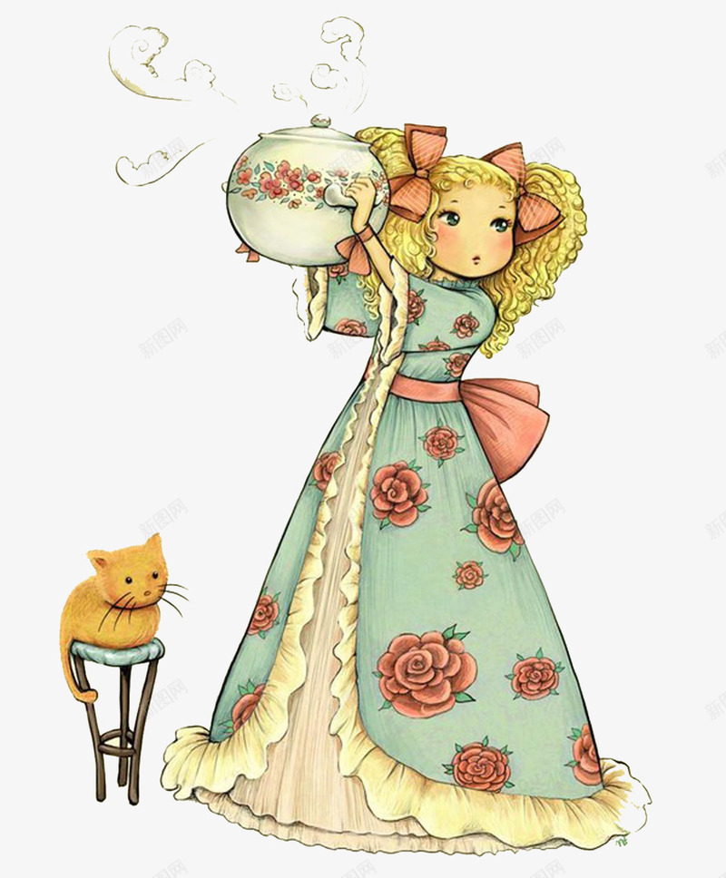 女生插画元素png免抠素材_新图网 https://ixintu.com 女孩 椅子 猫咪 花裙子