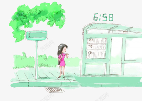 等车女孩png免抠素材_新图网 https://ixintu.com 卡通人物 大树 绿色 装饰 装饰素材 车站
