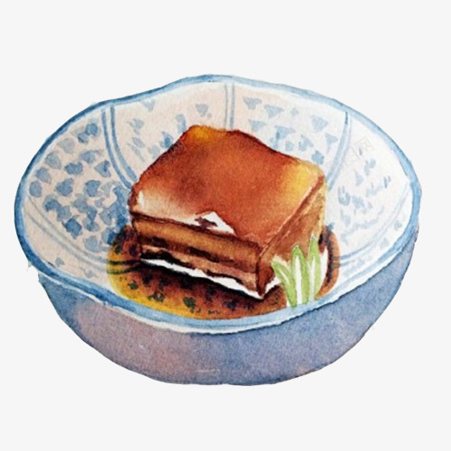 东坡肉块手绘画片psd免抠素材_新图网 https://ixintu.com 东坡肉 大肉块 手绘美食 水彩画 蓝色碗