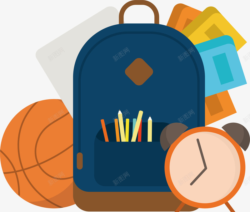 整理书包上学png免抠素材_新图网 https://ixintu.com 收拾东西 整理书包 矢量png 篮球 蓝色书包 闹钟