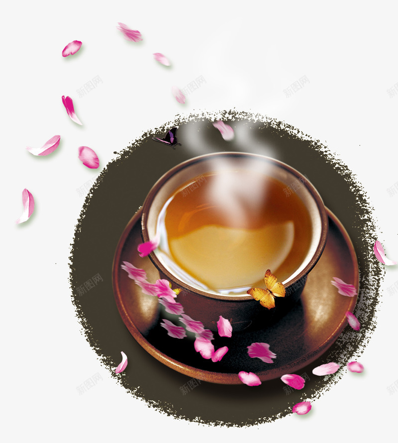 营养花茶psd免抠素材_新图网 https://ixintu.com 养生 漂浮的粉色花瓣 笔刷 茶杯 茶水 蝴蝶
