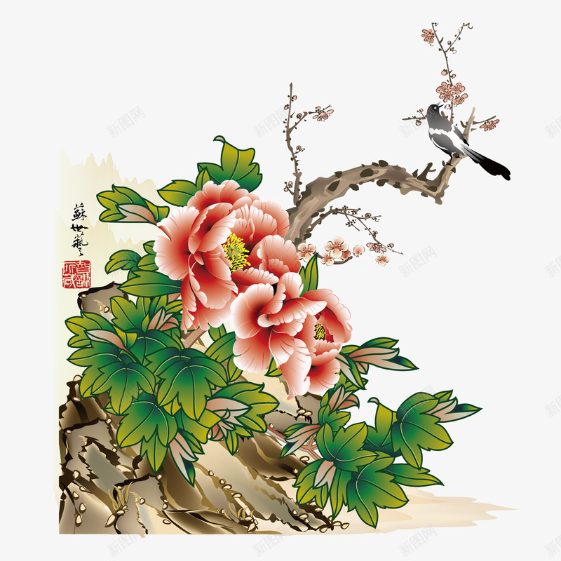 中国风古画png免抠素材_新图网 https://ixintu.com 书法画 古典 花卉 鸟