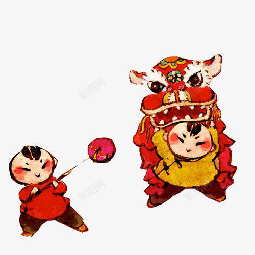 春节双人舞狮水彩画psd免抠素材_新图网 https://ixintu.com 喜庆 彩球 手绘画 水彩舞狮 红色 舞狮 过年活动