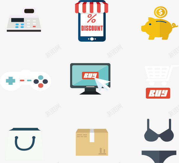 电商图标矢量图ai_新图网 https://ixintu.com 免扣png素材 免费png素材 内衣 点击购买 纸箱 金猪 矢量图