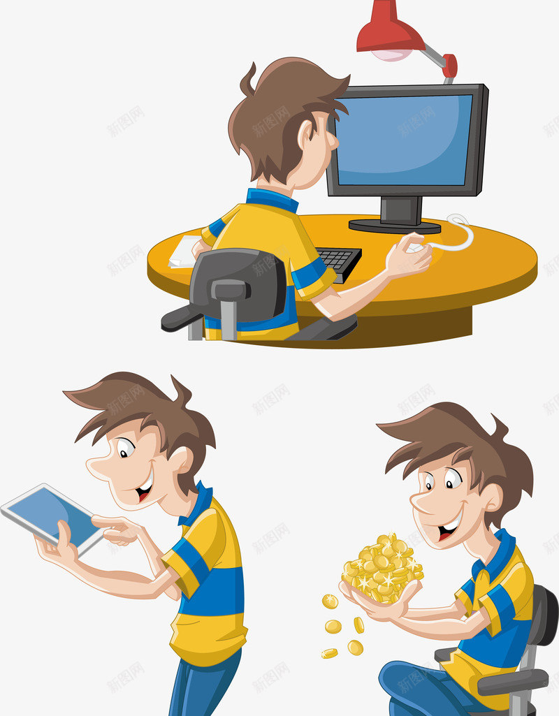 生活男人卡通人物png免抠素材_新图网 https://ixintu.com 人士 人物主题 休闲 卡通 卡通人物 合作 商务 小伙子 帅哥 平板 手捧金币 手绘 日常生活 理财 生活 电脑 男人 男性 白领 金币 青年人