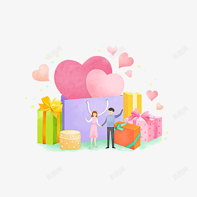 爱心礼物png免抠素材_新图网 https://ixintu.com 卡通 女人 手绘 爱心 男人 礼盒 紫色 购物袋 黄色