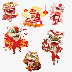 元素节日卡通新年春节舞狮子舞龙高清图片
