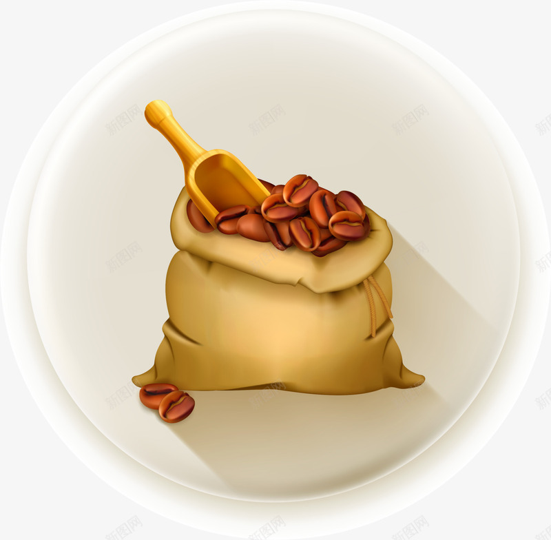 一麻袋棕色咖啡豆png免抠素材_新图网 https://ixintu.com 一麻袋咖啡豆 咖啡原料 木质勺子 棕色咖啡豆 黄色木瓢 黄色麻袋