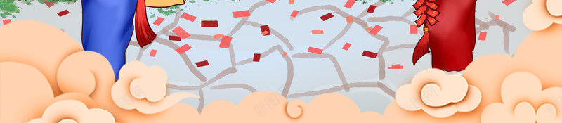 新年传统背景psd分层图png免抠素材_新图网 https://ixintu.com 传统卡通新年人物 喜迎新年 喜鹊 拜大年 新年传统背景 欢度春节 水墨梅花 灯笼 烟花 福字底纹