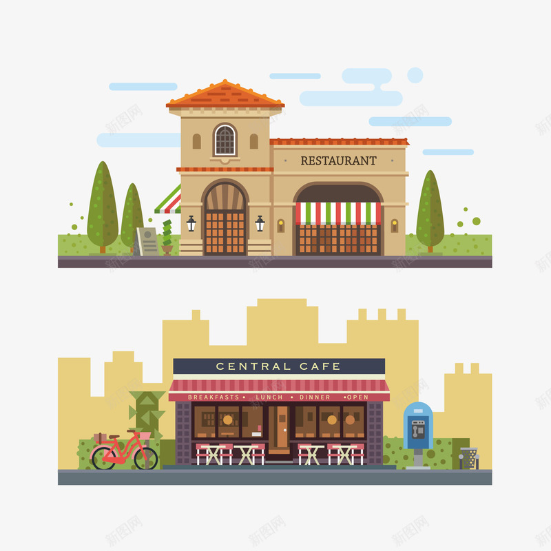 时尚扁平化城市景色png免抠素材_新图网 https://ixintu.com 卡通 城市 建筑 插画 景观 树木 植物
