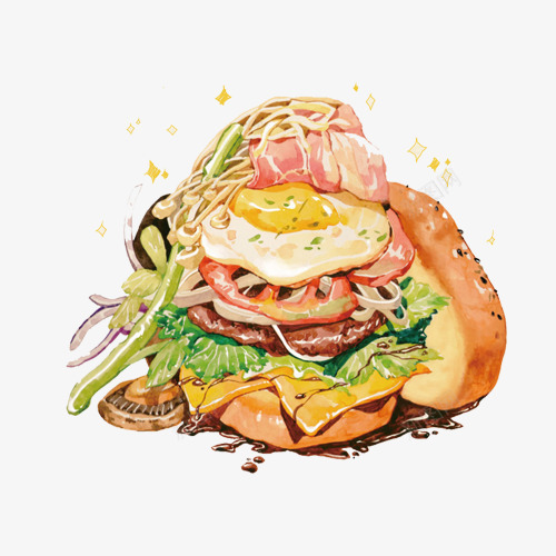超级三明治手绘画片png免抠素材_新图网 https://ixintu.com 三明治 巨无霸面包 手绘美食 肉块 色彩画 蔬菜 鸡肉 鸡蛋