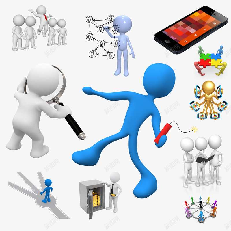 3D小人片psd免抠素材_新图网 https://ixintu.com 人脉 彩色拼图 手机 社会关系 金色小人