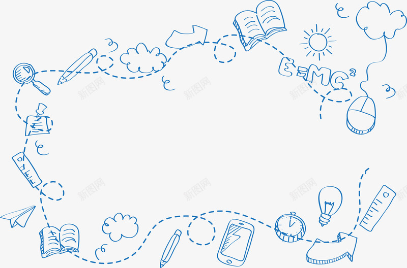 圆珠笔手绘教育边框png免抠素材_新图网 https://ixintu.com 书籍 圆珠笔简笔画 放大镜 文具 箭头 纸飞机 边框 铅笔 鼠标