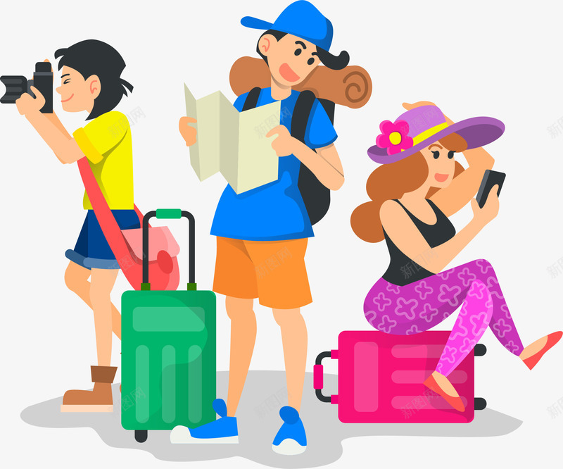 卡通旅行旅游人物插画矢量图ai免抠素材_新图网 https://ixintu.com 出游 卡通旅行旅游 旅游 旅行 行李箱 驴友 矢量图