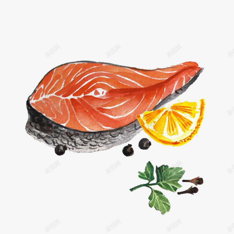 手绘三文鱼柠檬薄荷叶png免抠素材_新图网 https://ixintu.com 三文鱼 手绘 插画 柠檬片 水彩 美食 薄荷叶 食物
