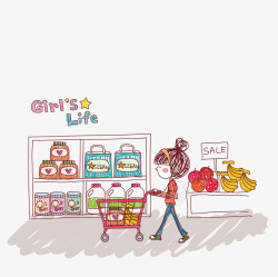 手绘在超市购物的女孩矢量图素材