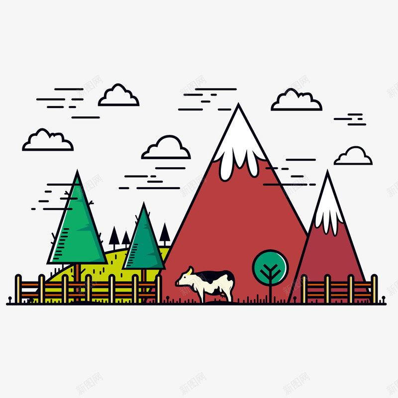 雪山下的牧场奶牛矢量图ai免抠素材_新图网 https://ixintu.com 动物设计 卡通 奶牛 扁平化 插画设计 牧场 矢量图