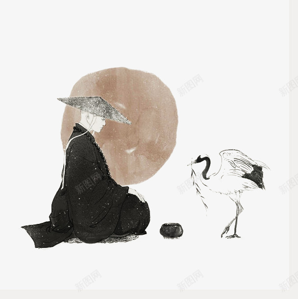 禅意png免抠素材_新图网 https://ixintu.com 丹顶鹤 古代 和尚 平常心 打坐 水彩画 禅意风景