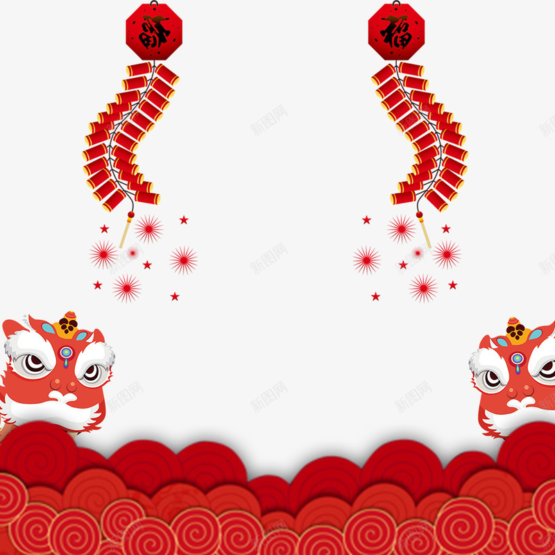 元宵节海报装饰边框psd_新图网 https://ixintu.com 元宵节 剪纸风格 海报背景 祥云 红色 舞狮 鞭炮