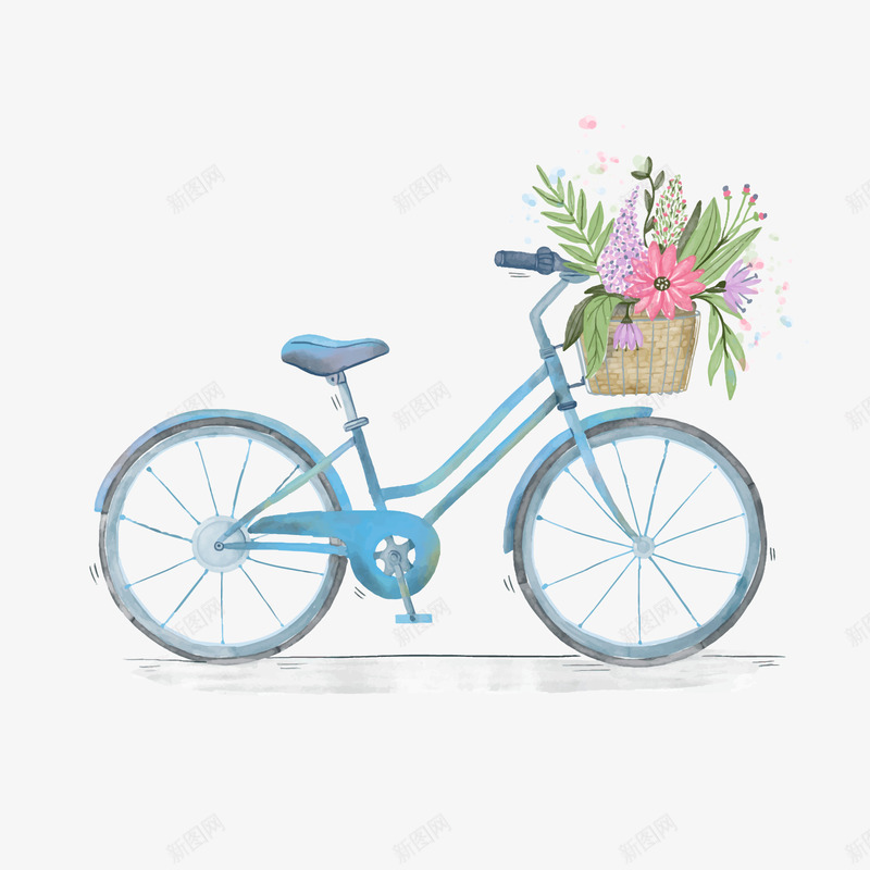 彩绘蓝色自行车矢量图ai免抠素材_新图网 https://ixintu.com 插画设计 绿色出行 自行车 花卉植物 蓝色 矢量图