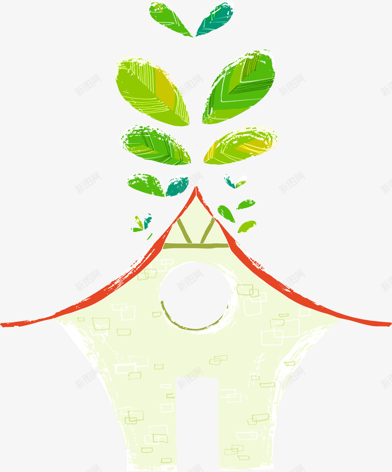 手绘绿色树叶房屋png免抠素材_新图网 https://ixintu.com 房屋 树叶 绿色