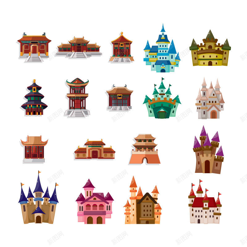 com 中国旅游画册手绘 卡通中国传统建筑矢量素材 手绘中国著名建筑