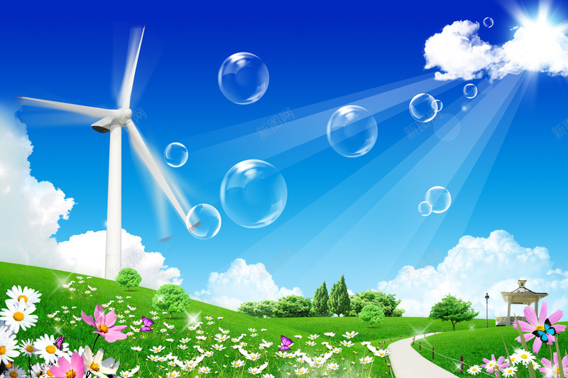 绿色草地鲜花背景png免抠素材_新图网 https://ixintu.com 公园风景 图片素材 底纹 底纹背景 手绘 插画 绿色草地鲜花背景图片 绿色草地鲜花背景图片素材下载 背景 背景墙 背景花边 草地 蝴蝶 道路 风力发电 鲜花