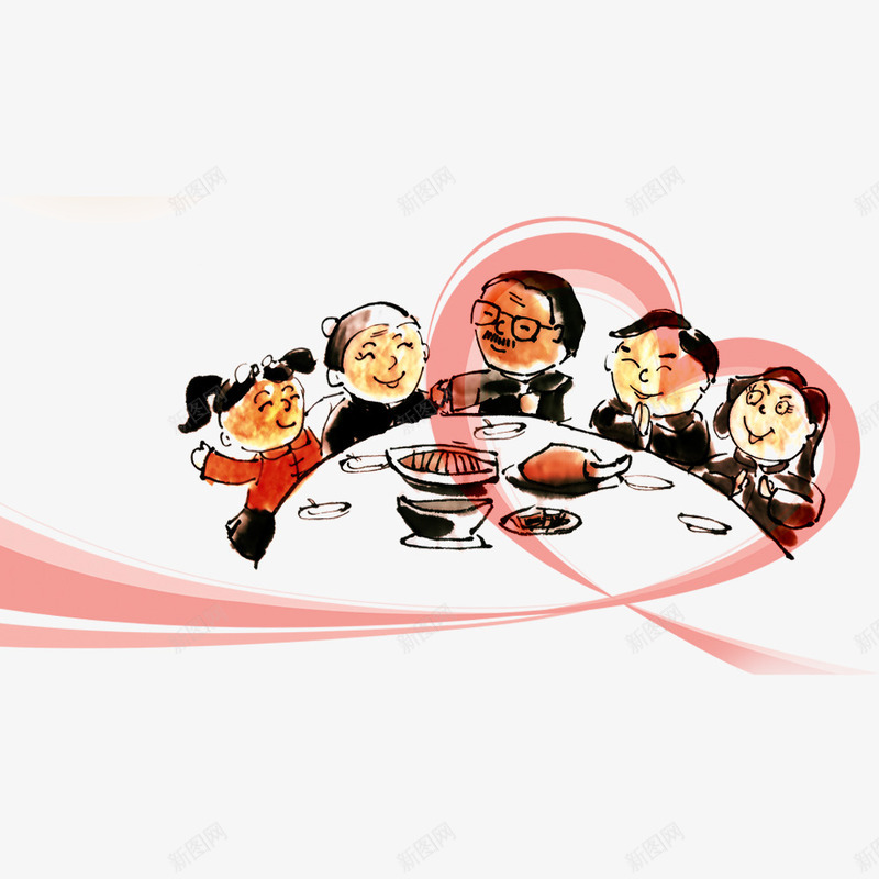 中国风家庭聚餐手绘插画png免抠素材_新图网 https://ixintu.com 一家人 亲人 其乐融融 卡通老太太 家庭 晚餐 父母 老伯 老伯伯 老太太