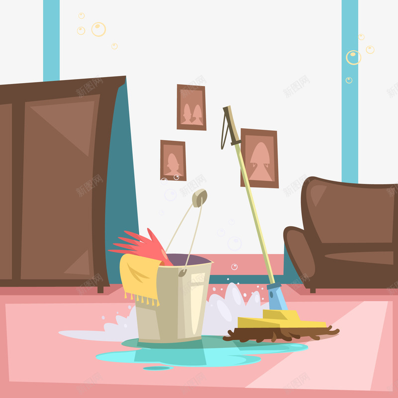 家庭清扫卫生插画png免抠素材_新图网 https://ixintu.com 卫生 地板 家庭水桶 我的家人 手套 打扫 拖布 插画 气泡 沙发 清洁 照片 衣柜
