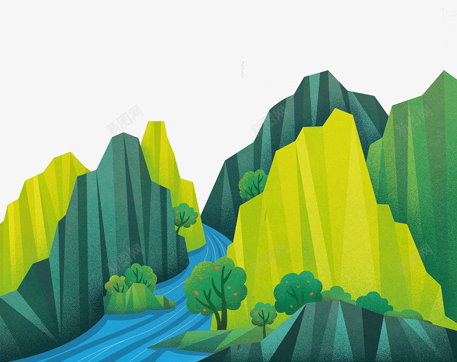 山水png免抠素材_新图网 https://ixintu.com 卡通山峰 小树 插画 流水 蓝天绿水 青山