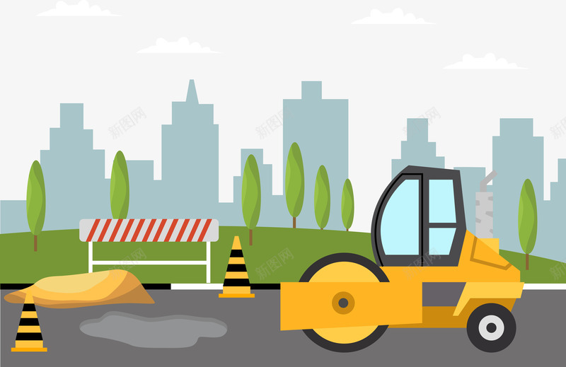 压路车工作png免抠素材_新图网 https://ixintu.com 压路车 围栏 城市 滚轮 绿色小树 警示 车窗