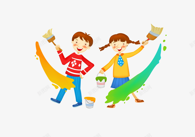卡通男孩女孩刷墙壁png免抠素材_新图网 https://ixintu.com 刷墙壁 卡通 女孩 彩色 油漆桶 男孩